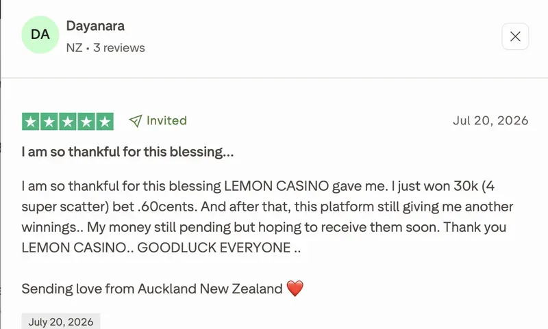 Opinia o Lemon Casino na Trustpilot od Dayanara: 5 z 5 gwiazdek, „Jestem tak wdzięczna za to błogosławieństwo…”, 20 lipca 2026