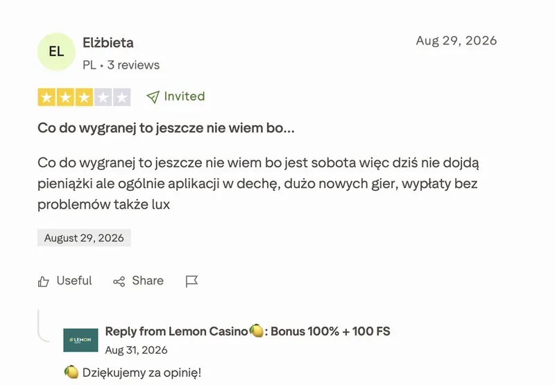 Opinia o Lemon Casino na Trustpilot od Elżbieta: 3 z 5 gwiazdek, „Co do wygranej to jeszcze nie wiem bo…”, 29 sierpnia 2026