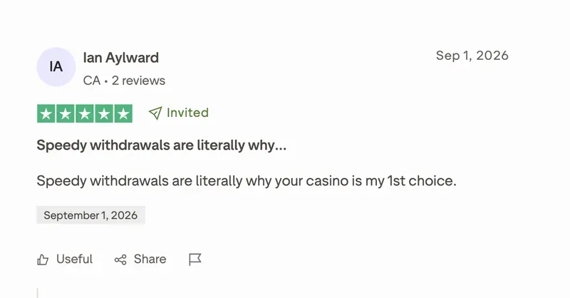 Opinia o Lemon Casino na Trustpilot od Ian Aylward: 5 z 5 gwiazdek, „Szybkie wypłaty to dosłownie powód…”, 1 września 2026