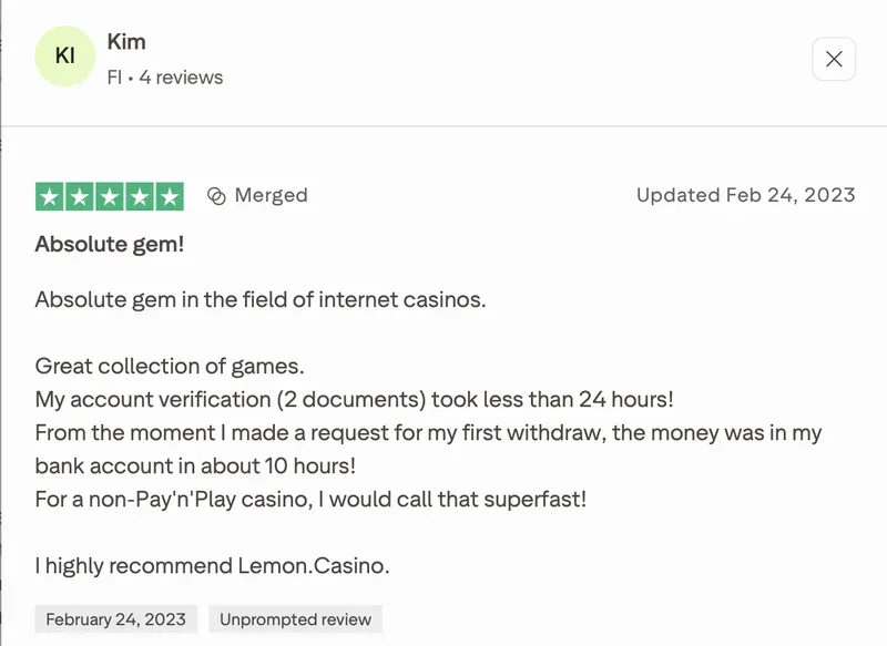 Opinia o Lemon Casino na Trustpilot od Kim: 5 z 5 gwiazdek, „Absolutna perełka!”, 24 lutego 2023