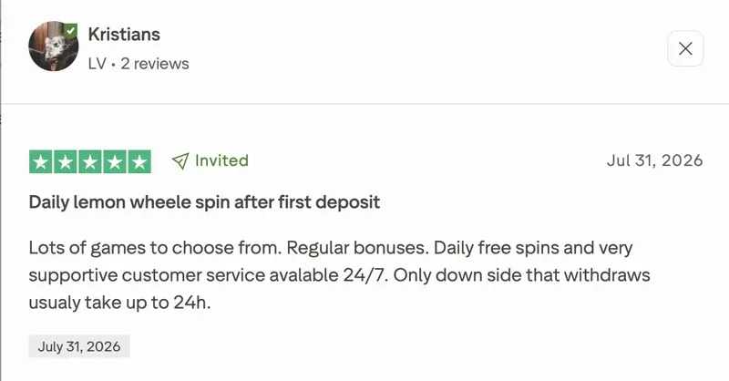 Opinia o Lemon Casino na Trustpilot od Kristians: 5 z 5 gwiazdek, „Codzienny spin cytrynowym kołem po pierwszej wpłacie”, 31 lipca 2026