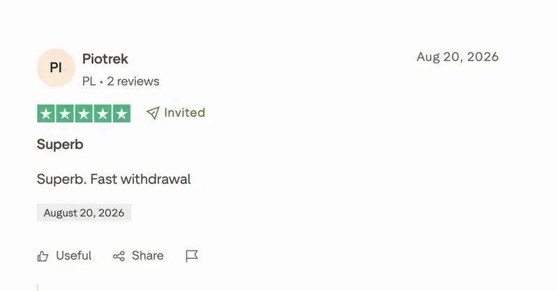 Opinia o Lemon Casino na Trustpilot od Piotrek: 5 z 5 gwiazdek, „Superb”, 20 sierpnia 2026