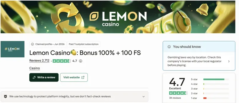 Profil Lemon Casino na Trustpilot: ocena 4.7 z 5, 2 712 opinii, Claimed profile czerwiec 2026
