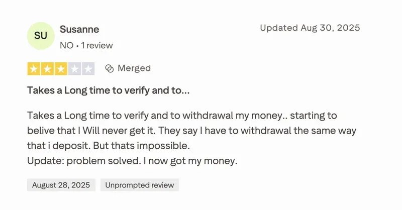 Opinia o Lemon Casino na Trustpilot od Susanne: 3 z 5 gwiazdek, „Długo trwa weryfikacja i wypłata…”, 28 sierpnia 2025 (aktualizacja 30 sierpnia 2025)