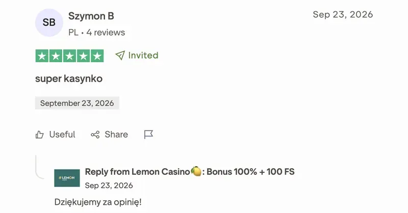 Opinia o Lemon Casino na Trustpilot od Szymon B: 5 z 5 gwiazdek, „super kasynko”, 23 września 2026