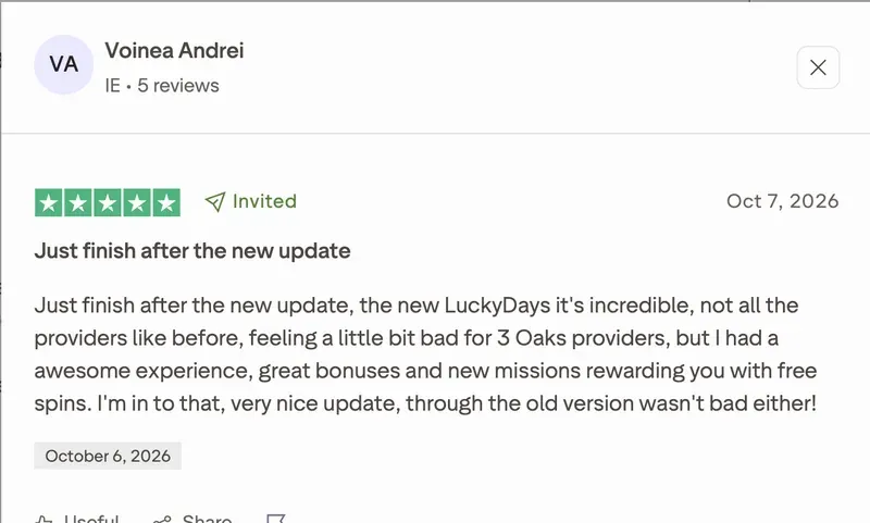 Opinia o Lemon Casino na Trustpilot od Voinea Andrei: 5 z 5 gwiazdek, „Właśnie skończyłem po nowej aktualizacji”, 7 października 2026