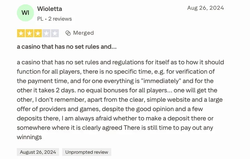 Opinia o Lemon Casino na Trustpilot od Wioletta: 3 z 5 gwiazdek, „Kasyno bez ustalonych reguł…”, 26 sierpnia 2024